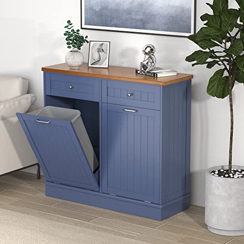 Tilt Out Trash Cabinet,Antique-Style Beadboard Kitchen Island with Solid Wood Tabletop & Drawer, Pet Proof Trash Can, Wood Laundry Cabinet (Blue, Double Door)