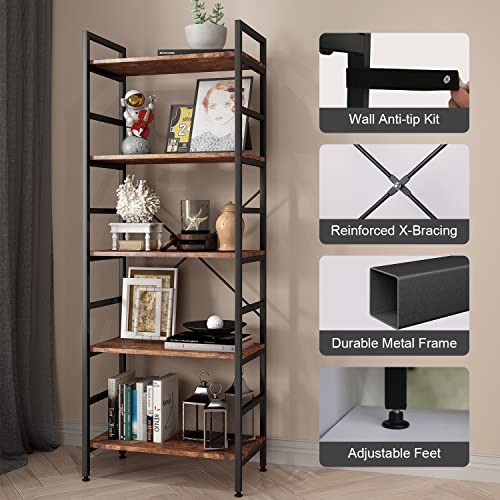 Miocasa Bookshelf, Adjustable Industrial Bookshelves Organizer, Rustic Wood And Metal Standing Shelving Unit Storage (5-Tier) #TOP3