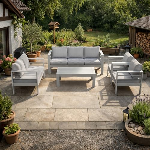 LANOX Gartenlounge Outdoor – Aluminium Gartenmöbel Set Lounge mit WPC Tisch, Modulare Lounge Gartenmöbel für Terrasse, Balkon & Wintergarten, Weiß