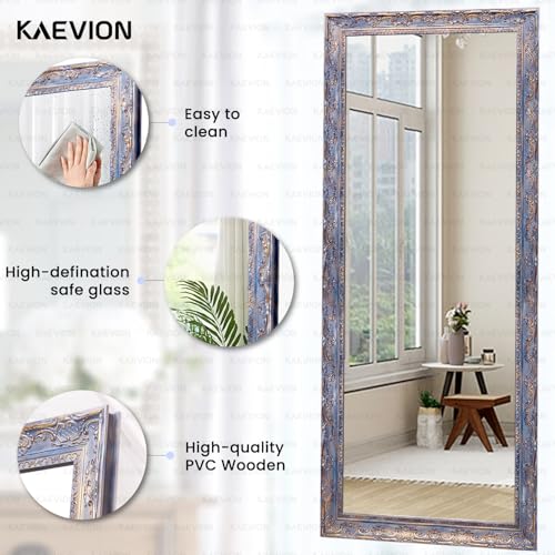 Image of Rectangular Shape 5.25 Feet Full-Length PVC Wooden Frame Wall Hanging Mirror with 5 MM Glass| Floor Wall Leaning Home Decor Mounted Mirror for Bedroom Living-Room - Antique Blue