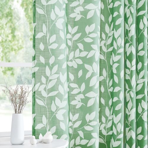 Image of Treatmentex Leaf Print Semi-Sheer Curtains for Living Room Windows 95 inch Long White and Green Window Curtains for Bedroom Grommet Top Curtain Panels, 1 Pair