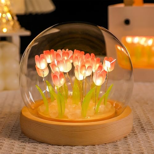 AWSOLAR Tulip Lights, Tulip Lamp with 13 Light up Tulips and Wooden Base, Romantic Decoration for Bedroom, Tabletop, Living Room, Tent, Pink