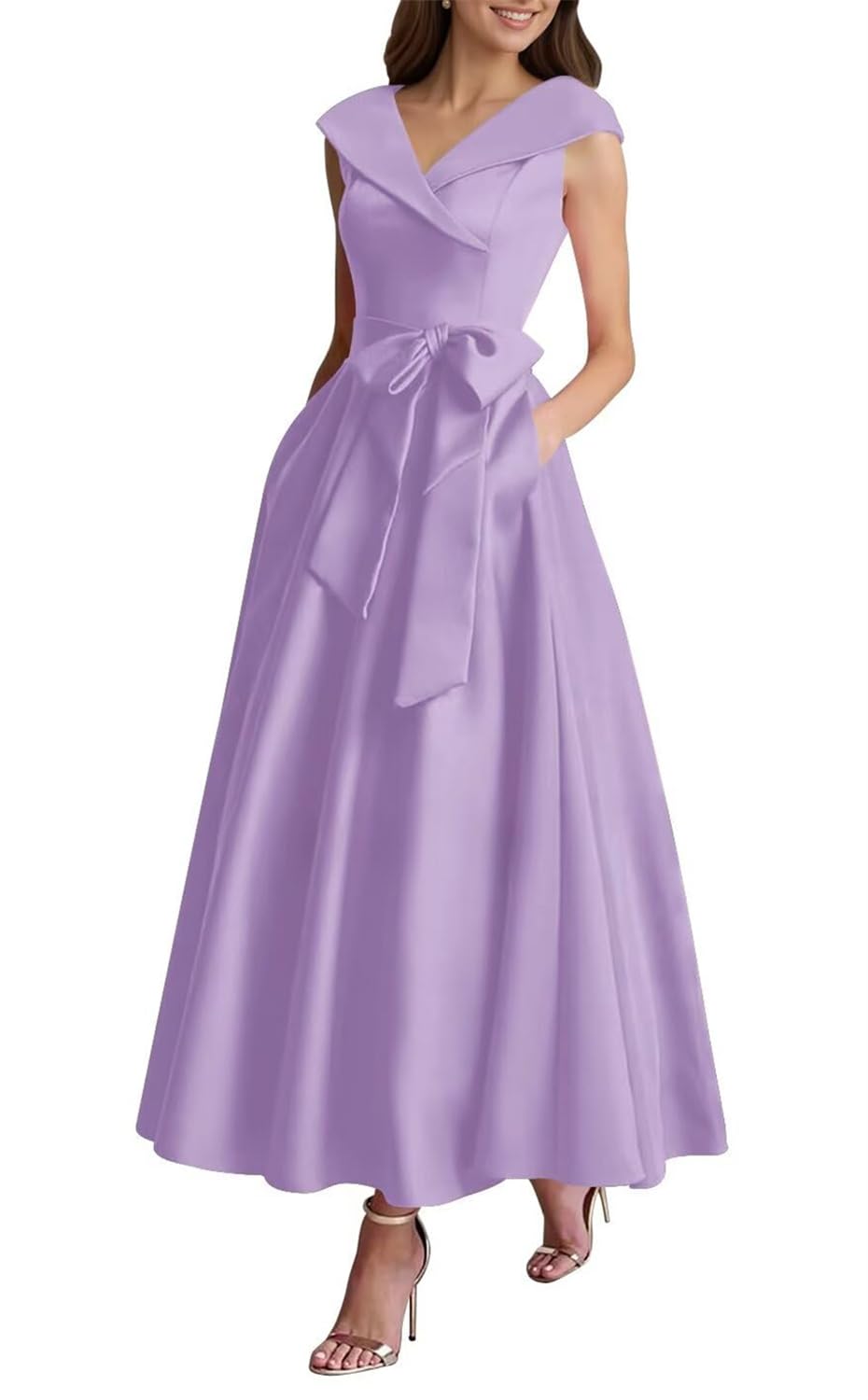 Kiyne Women's Lilac Mother Of The Bride Dresses For Wedding With Pockets A Line V Neck Satin Formal Dress Evening Party Gown Uk16
