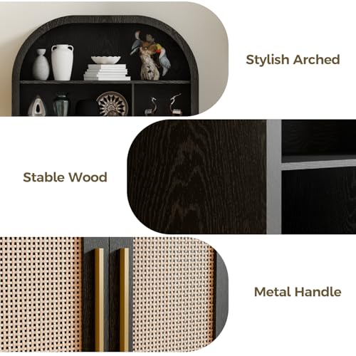 Image of 71 inch Arched Tall Wood Storage Cabinet - 5-Tier Rattan Door Pantry Organizer with Divider Shelf & Gold Handles, Versatile Bookcase for Living Room & Kitchen, Jet Black