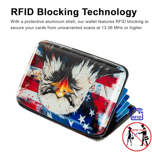 Image of Credit Card Holder, Metal Card Wallet RFID Blocking Mini Slim Aluminum Business Hard Card Case for Women Men (Bald Eagle with American Flag)