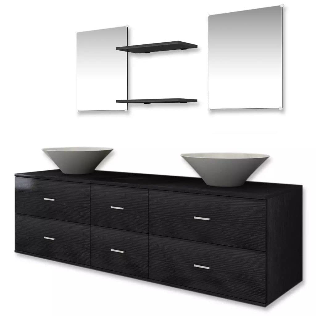 IKAYAA Conjunto 7 Piezas de Muebles de Baño Suspendido, Lavabo Incluido, Mueble de Lavabo Doble, Juego de Muebles de Baño de Pared, Mueble de Lavabo, Espejo, Mueble de Baño con 2 Lavabos, Negro