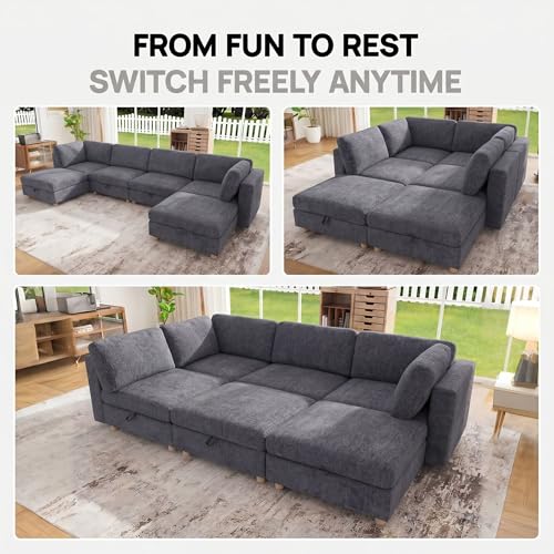 Image of 99 inch Modular Sectional Sleeper Sofa, 6 Seaters Chenille Modular Sectional Sofas, Sleeper Sofa Bed with Storage & Ottoman, Sleeper Couch with Removable Covers, Grey Sectional Couches for Living Room