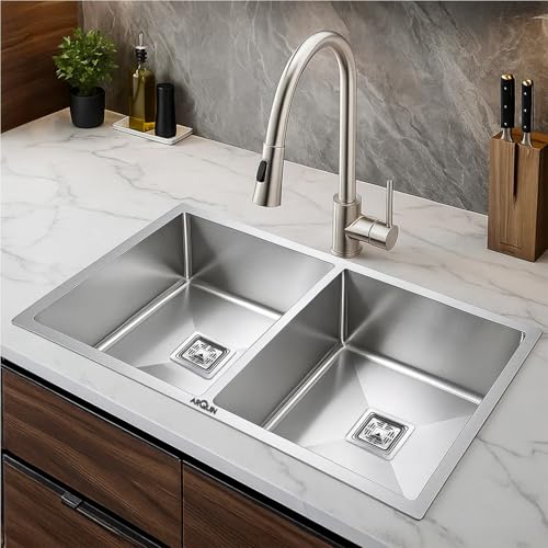 Image of ARQUIN Kitchen Sink 37 inchx18 inchx10 inch Inch Double Bowl Kitchen Sink Handmade Premium Stainless steel Sink Undermount | Topmount Including Coupling, Washing Basket, Pipe