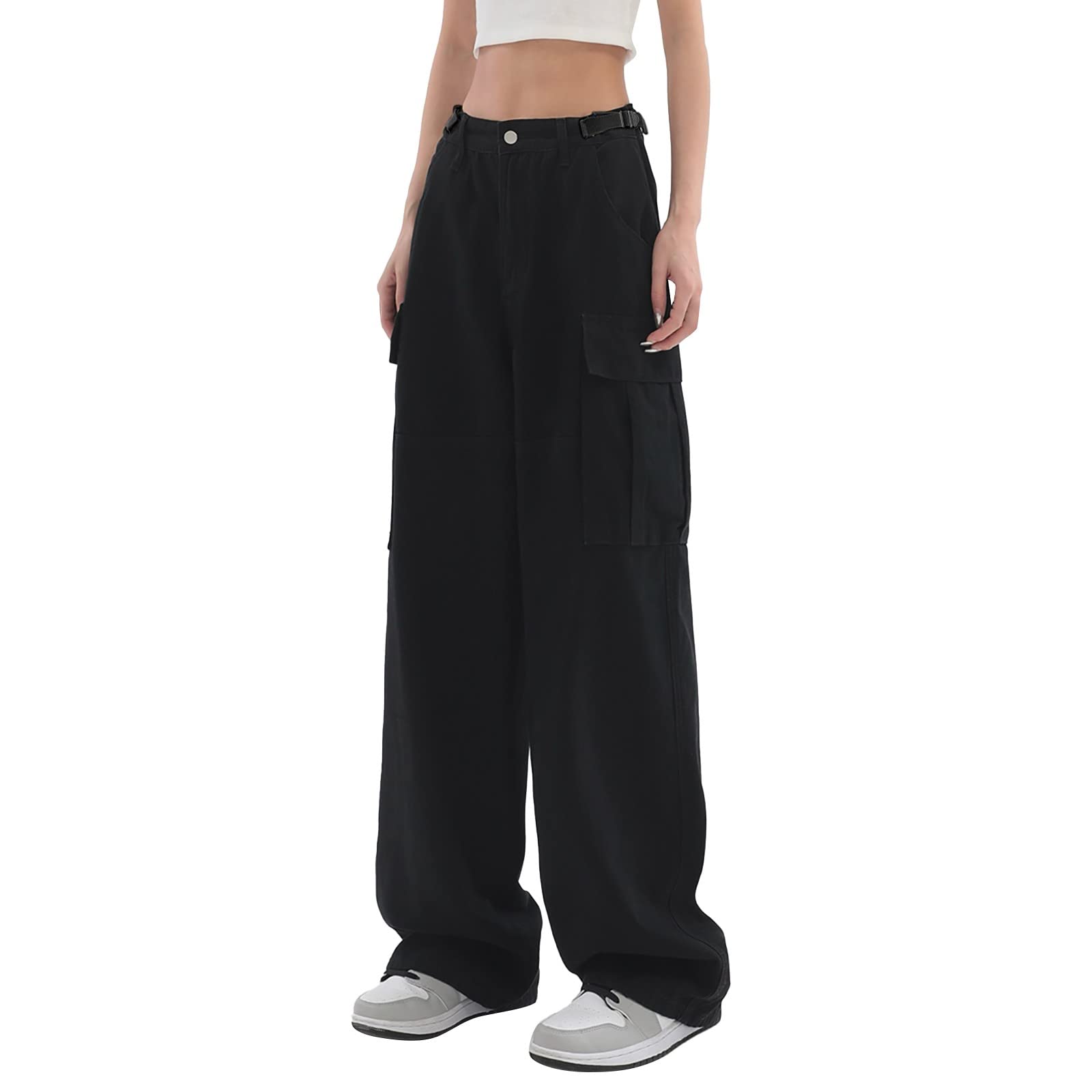 Women Streetwear Wide Leg Pants Adjustable High Waist Trousers Vintage Baggy Cargo Pants with Pockets