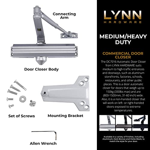 LYNN HARDWARE Medium/Heavy Duty Commercial Door Closer - DC7016 Surface Mounted, Grade 1- ADA & UL 3 Hour Fire Rated, Adjustable Size 1-6 for entrances & Aluminum storefronts- US26D Aluminum