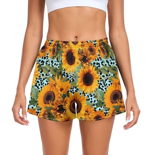 UMIRIKO Women's Athletic Shorts Sunflower Green Leopard Running Shorts Sporty Short Gym Elastic Workout Shorts 202a3754