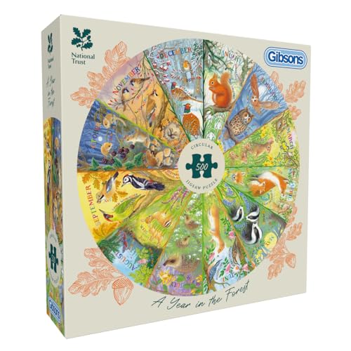 Gibsons National Trust A Year in the Forest 500 Piece Circular Jigsaw Puzzle for Adults Seasonal Wildlife & Animals Artwork by Claire Comerford Premium Sustainable Puzzle Made in UK/EU