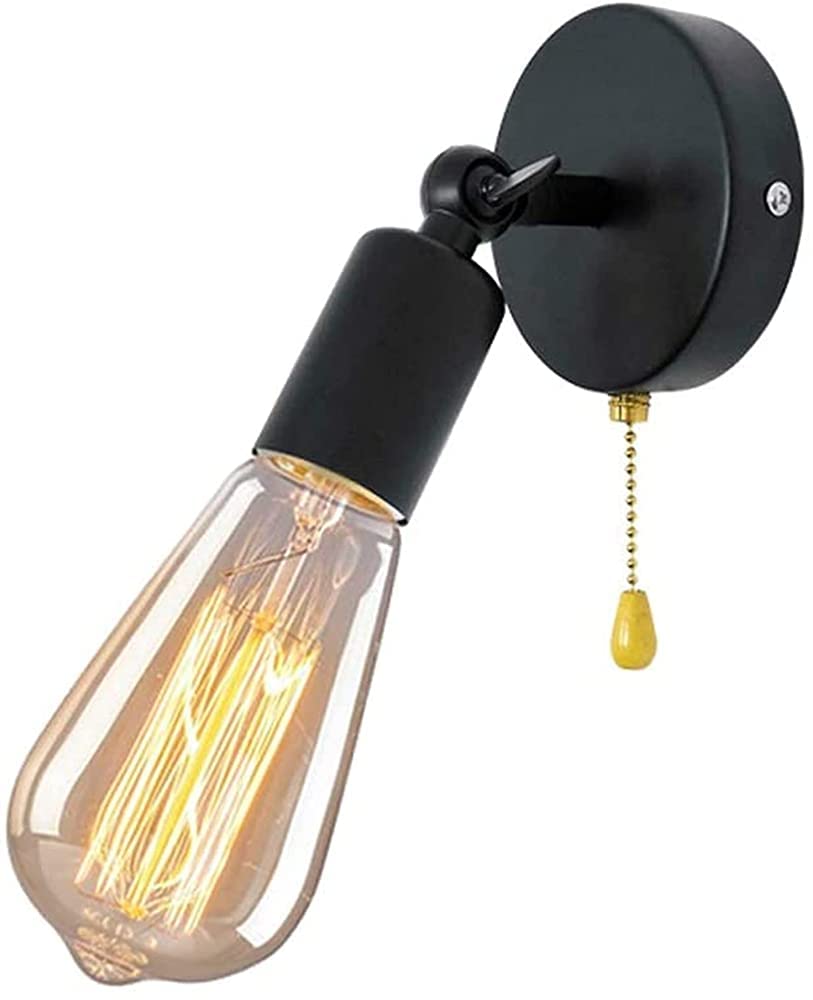 Lámparas de pared LED E27 de hierro forjado negro con interruptor giratorio de tracción