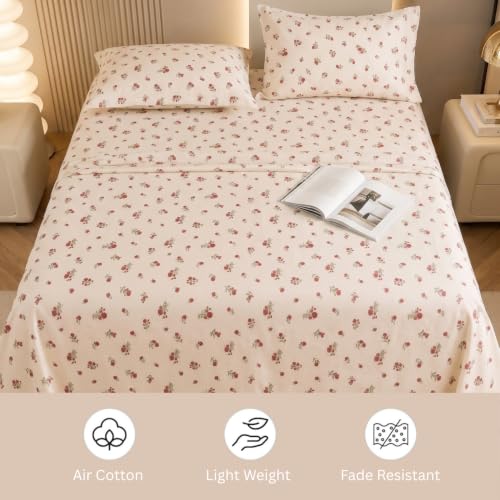 Image of Marrow Lane 300 TC Soft Air Cotton Double Bedsheet | Rose Posy | Flatsheet with 2 Pillow Covers | Ditsy Rosebud Print (228.6 x 254 cm, Ivory & Red)