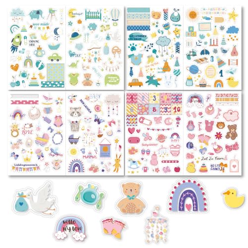 Goiern Lot de 4 215 autocollants pour albums photo pour enfants et bébés - 8 feuilles DIN A4 - Autocollants de scrapbooking à personnaliser, autocollants de...