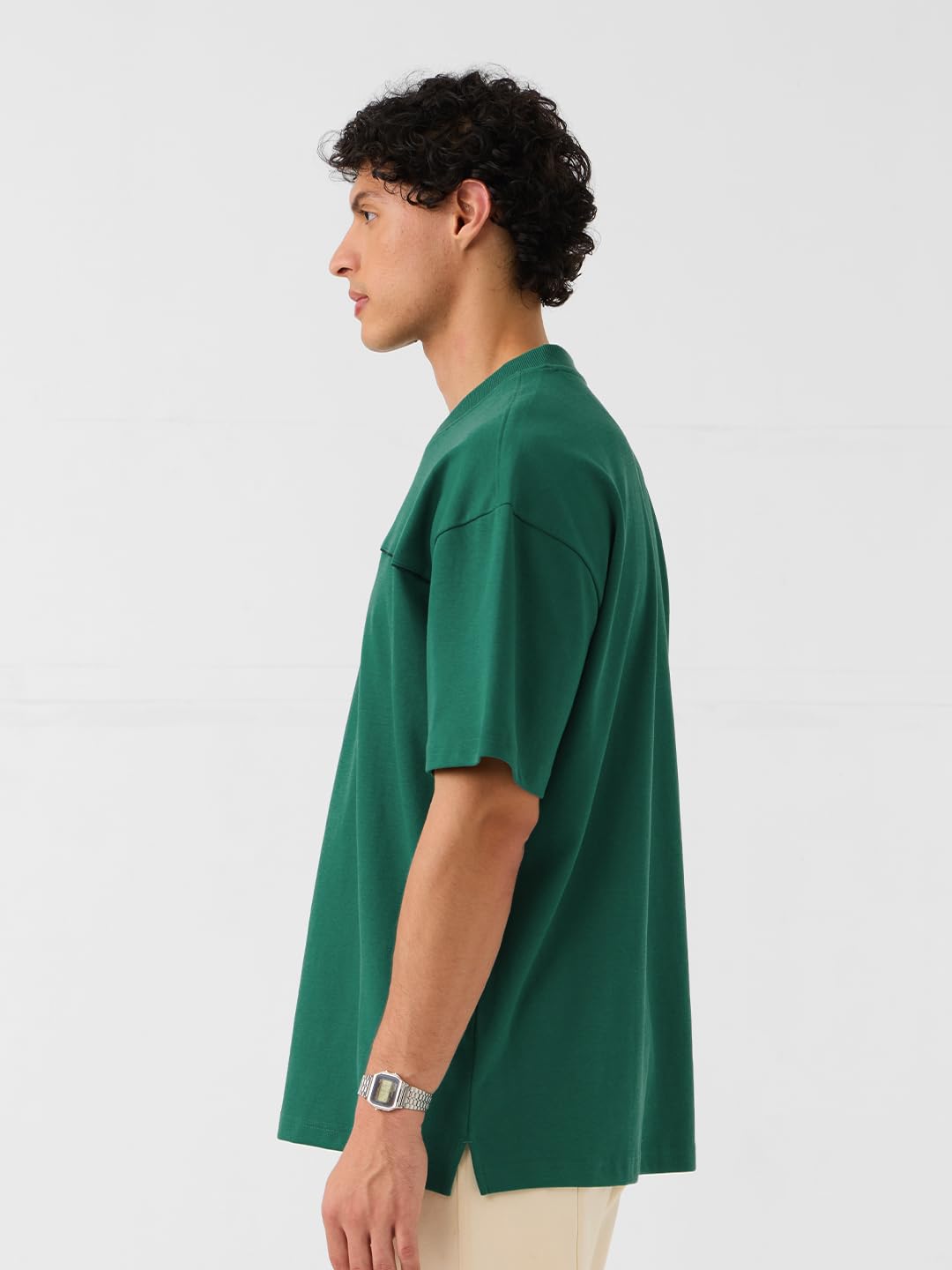 The Souled Store Originali: Varsity Uomini e Ragazzi Maniche Corte Scollo A V Smeraldo Solido Cotone Oversize T-shirt