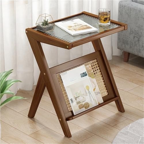 MRKU Beistelltisch aus Holz, Kunststoff-Rattannetz, Glasplatte,...