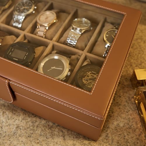 Image of Leather World Faux Leather Watch Box Organizer For Men & Women - Wrist Watch Box Holder 10 Slots - Removable Pillows Display Case - Gift for Loved Ones - Tan