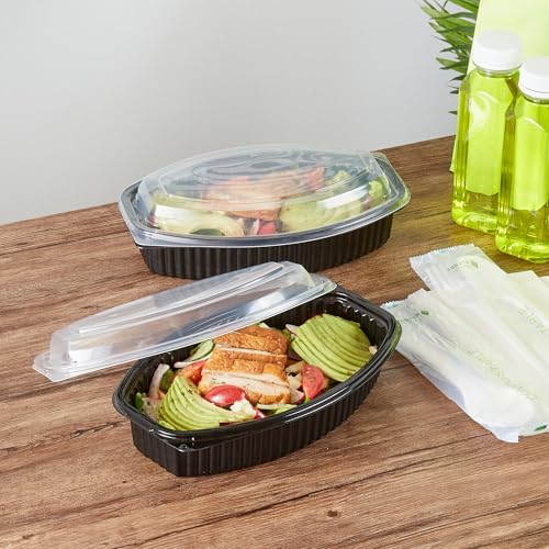 Image of Restaurantware-RW Base 28 Ounce Meal Prep Containers, 100 Microwavable To Go Containers With Lids - Disposable, Freezable, Black Plastic Oval Food Containers, Pack Hot And Cold Food, For Takeaway