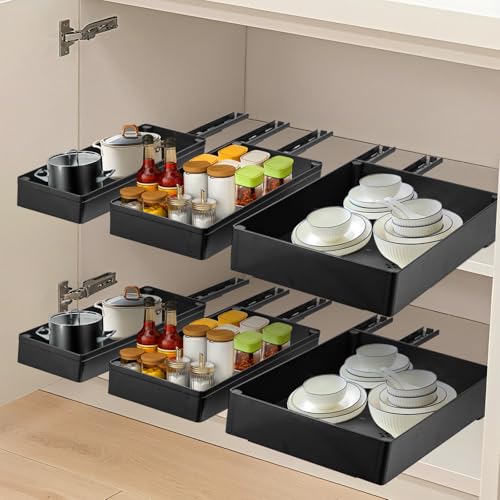 3 Pack Pull Out Cabinet Organizer, Pull Out Drawer Sliding Cupboard Organiser Cupboard Drawers Pull Out for Kitchen & Bathroom Storage No Drill for Kitchen Cabinets(Black)