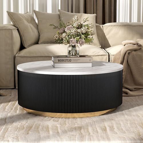 Image of Furniture of America Beryl Modern Round White Genuine Marble Top Coffee Table with Fluted Pedestal Base and Gold Stainless Steel Accent, Low Profile Table for Living Room, Home Office, Black