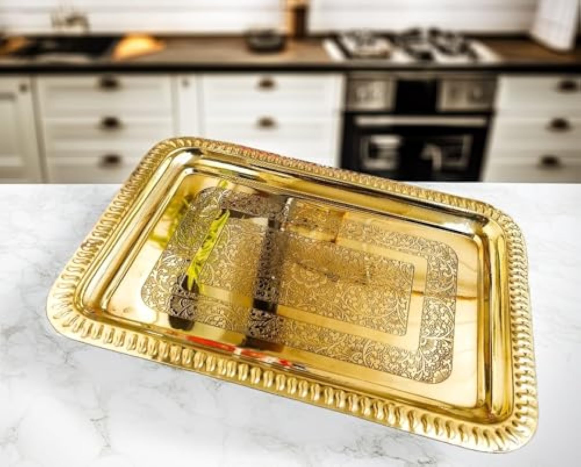 Pure Brass Rectangular Antique Hand Etched Decorative Tray Centerpiece