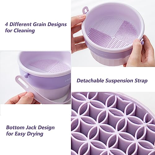 GoLashFun Silicone Makeup Brush Cleaner Bowl 3 in 1 Makeup Brush Tools Drying Holder Portable Cosmetic Brush Cleaner Pad for Cleaning,Drying,Storage Makeup Brushes,Sponges (Purple)