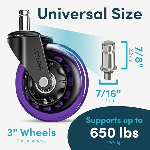 Image of Lifelong Office Chair Wheels Replacement, Heavy Duty, Purple, 5-Pack | Original Rubber Caster, Desk Wheels, Smooth & Quiet, Safe for Hardwood Floors & Carpet, Replace Office Chair Mats, Fits 98%
