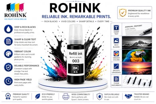 Image of ROHINK 003 Compatible Refill Ink for Epson L3110, L3150, L3250, L3252, L3115, L3116, L3101, L3210, L3215, L3216, L3151, L3152, L3156, L5190 Printers(003 Black Pack 3)
