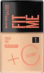 Maybelline NY Fit Me Fresh Tint Base Líquida, Proporciona Efeito Glow Natural, Controla a Oleosidade e Uniformiza a Pele com Vitamina C e FPS 50, Cor 01, 30ml