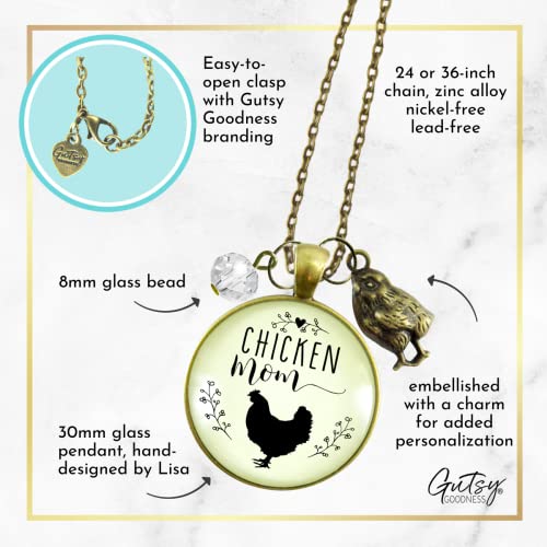 Chicken Mom Necklace Baby Chick Charm Jewelry For Women Raising Lady Poultry 24" Chain - Handmade Chicken Lovers Words Pendant, Rustic Bronze Metal, Gift Ready With Farm Life Themed Message Card & Box #TOP4
