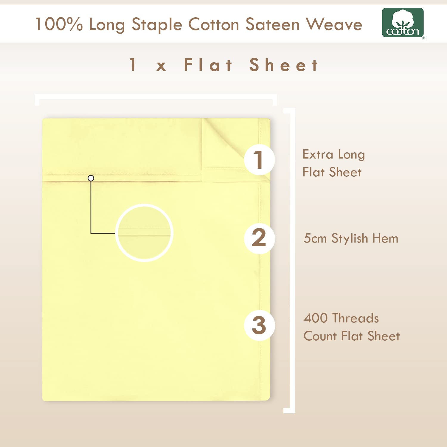 Pizuna Flat Sheets Double Mellow Yellow, 400 Thread Count Long Staple 100% Cotton Bed Sheets Double 230x280 cm - Image 3