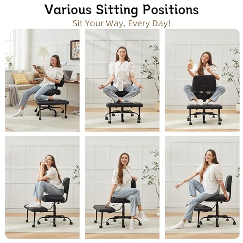 Image of Criss Cross Legged Office Chair with Wheels,Swivel Meditation Chair for ADHD,Ergonomic Cross Legged Desk Chair with Thicken Adjustable Footstool,PU Sitting Fidgeting Kneeling Chair for Home Yoga Black