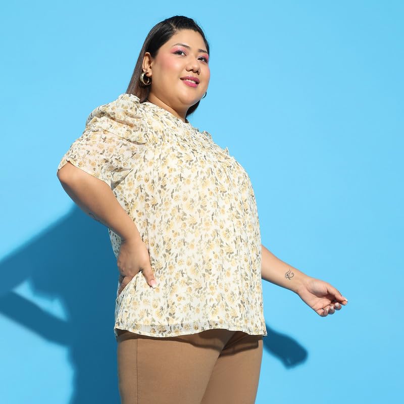 Image of oxolloxo Women Plus Size Round Neck Short Sleeve with Gather Pleates Ruffle Detail Top