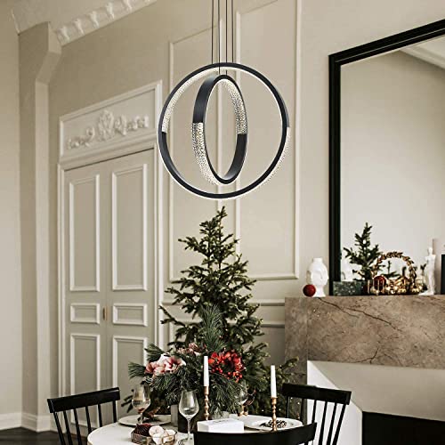 Ikk Modern Led Chandelier, Dimmable With Remote Control, Acrylic In Crystal Shape Light Fixture, 2 Rings Pendant Lighting For Dining Living Room Bedroom Kitchen, Foyer, Dark Grey (D=19.7") #TOP2