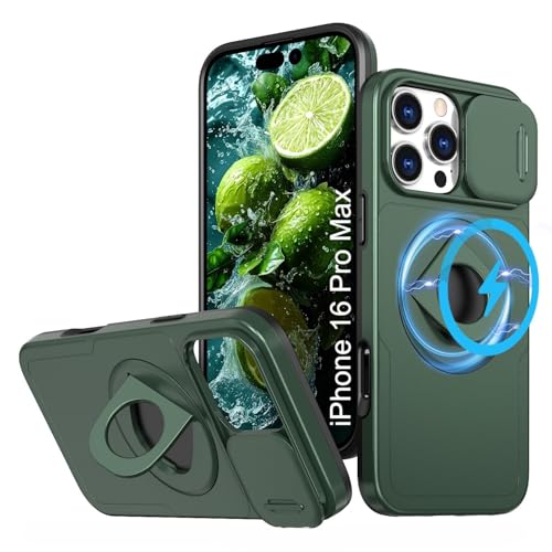 LuxuryKase Mag-Safe Shockproof Rugged Back Case for iPhone 16 Pro Max | Finger Ring Kickstand & Sliding Camera Cover | Military Drop Protection | Wireless Charging Support - Dark Green