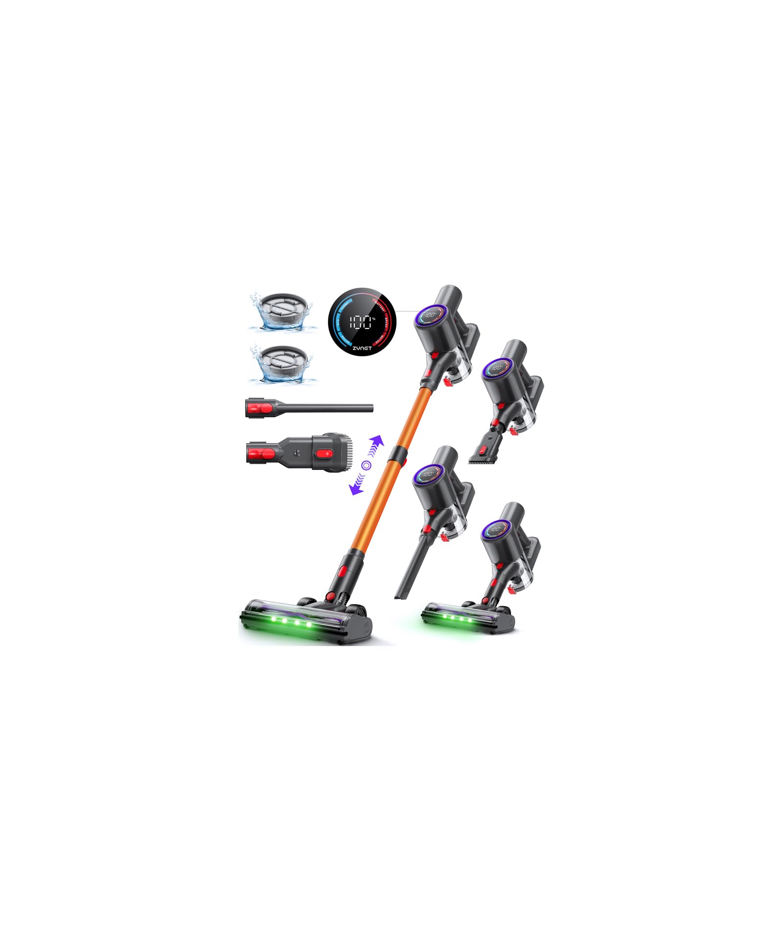 Zynet Cordless Vacuum Cleaner, 500W/45KPA/40Mins Lightweight Stick Vacuum for Home, LED Display and Green Headlights, 6-Stages Filtration, Self-Standing Vacuum for Hard Floor, Carpet