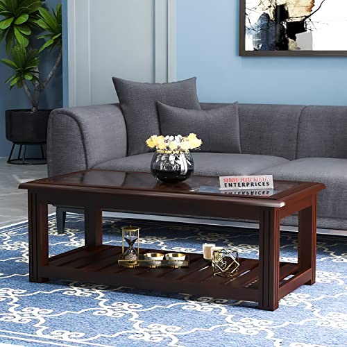 Image of Sheesham Wooden Centre Table with Storage Shelf for Living Room with Glass Top - Solid Wooden Coffee Table - Teapoy Tea Table Sofa Table & Center Table with Storage (Stern Walnut)