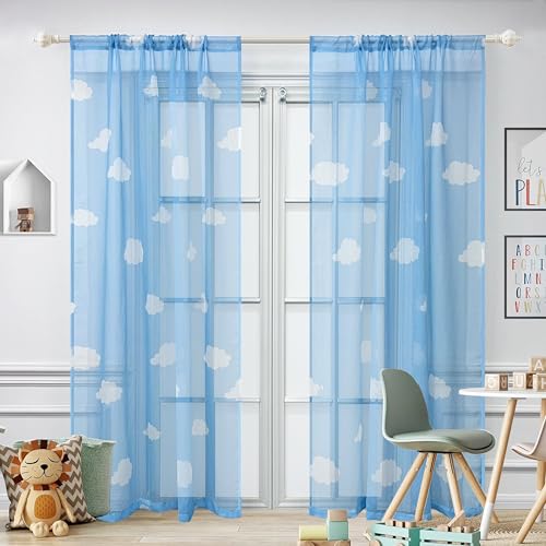 AiFMQQ Cartoon Print White Cloud Sheer Curtains for Kids Bedroom Living Room Rod Pocket Top 2 Panels 63 Inches Long Blue Light-Filtering Sheer Curtain for Nursery Baby Room (W42 L63 inch Blue Sheer)
