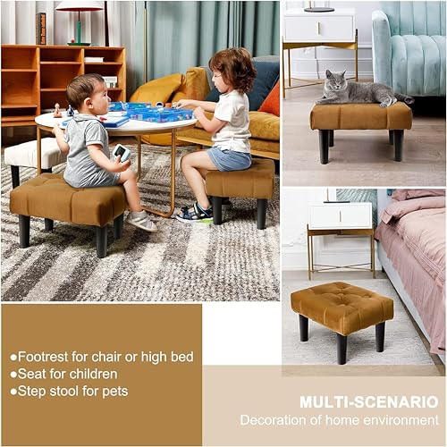 Image of Small Velvet Soft Foot Rest Footstool Ottoman with 4 Wooden Legs, Additional Seating Sofa Footrest for Living Room Entryway Set of 2 Brown
