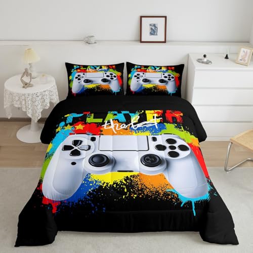 Image of Gamer Comforter Sets for Boys Kids Gaming Comforter King Size Teens Girls Colorful Rainbow Tie Dye Decor Video Games Controller Bedding Set Young Men Player Reversible Quilt for All Season 3Pcs Boys