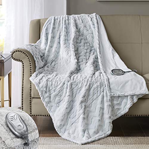 Premium Faux Fur Heated Blanket | Soft Heated Throw | Machine-Washable | White