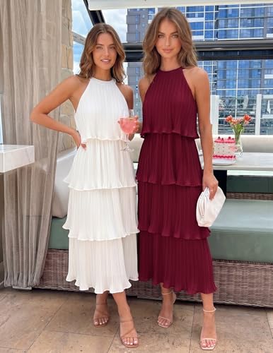 Image of ZESICA Women's 2026 Summer Sleeveless Halter Neck Ruffle Tiered Layered Chiffon Flowy Swing Long Midi Dress