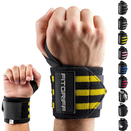 Fitgriff® Polsini Palestra - Polsiere Gym Uomo e Donna Professionali, per Fitness e Bodybuilding - Accessori Sollevamento Pesi (Black/Yellow)