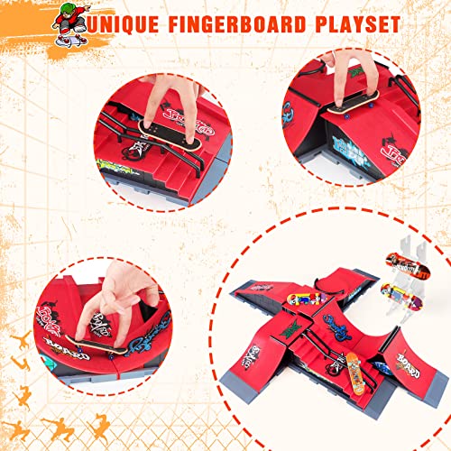 Finger Skateboards, MOMSIV Mini Finger Toy Skateboard Park Ramp Kit Fingerboard Half Pipe Ultimate Parks Training Props Accessories for Kids Adult 6 in 1