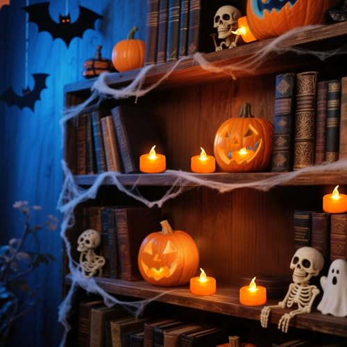 Image of Tea Lights Battery Operated Candles LED Tea Lights Flameless Candles 200+ Hours Flickering Fake Tealights for Sweetest Day Wedding Home Decorations Party (Orange Base, 24 Pack)