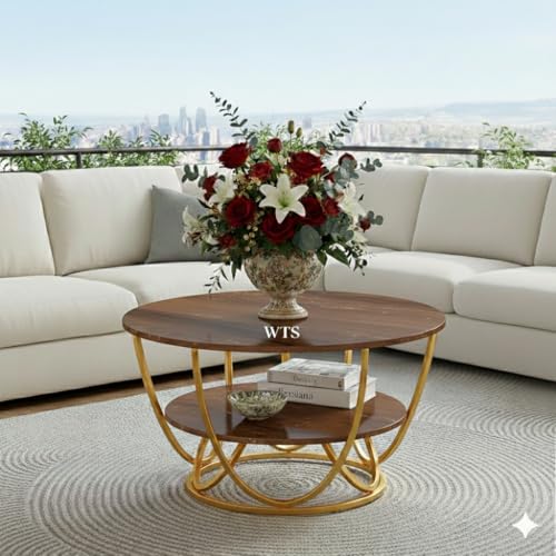 Image of Shoppee Coffee Table - Modern 2-Tier with Faux Marble Top and Gold Metal Frame - Stylish Center Table for Living Room, Sofa Table, Elegant Cocktail Table for Home, Office, Gold & Walnut