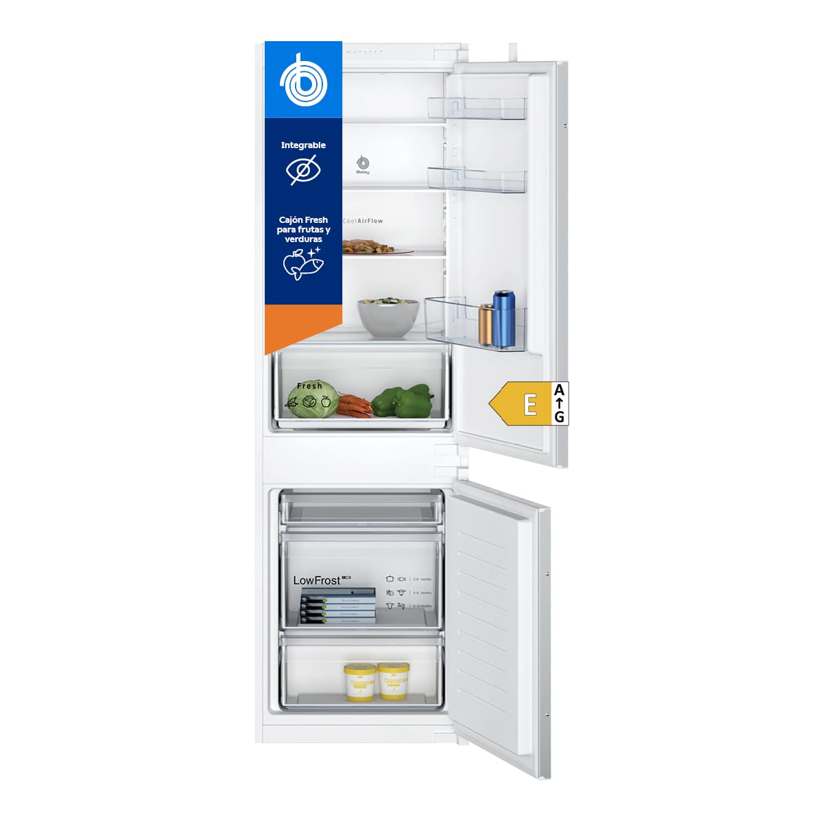 Balay - Frigorífico Combi, Integrable, Puerta deslizante, 267 litros, Cajón Fresh, Cajón Big Box, 3KIE711S