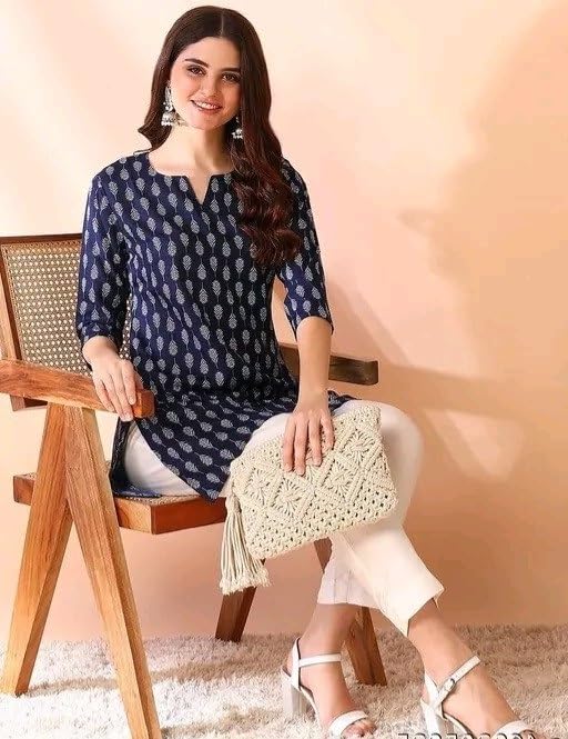 Image of Women's Short Kurti in Multicolor Rayon Cotton Blend | Ladies Ethnic Tunic | Office