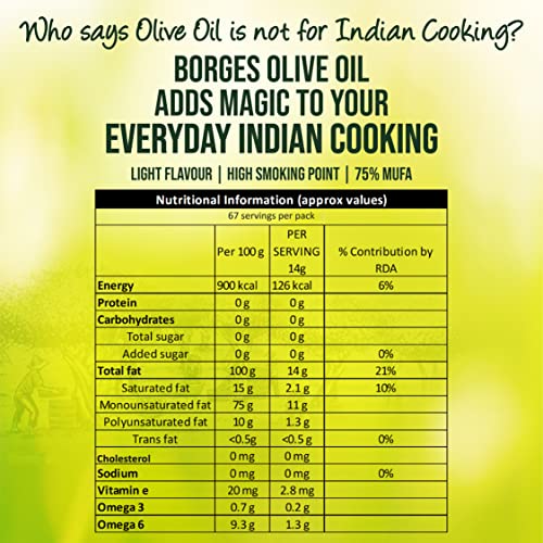 Image of Borges Olive Oil for Indian Cooking - 1 L Glass |Extra Light |Packed in Spain |Light Flavour |75% MUFA | Ideal for daily cooking: deep fry, tadka, curries